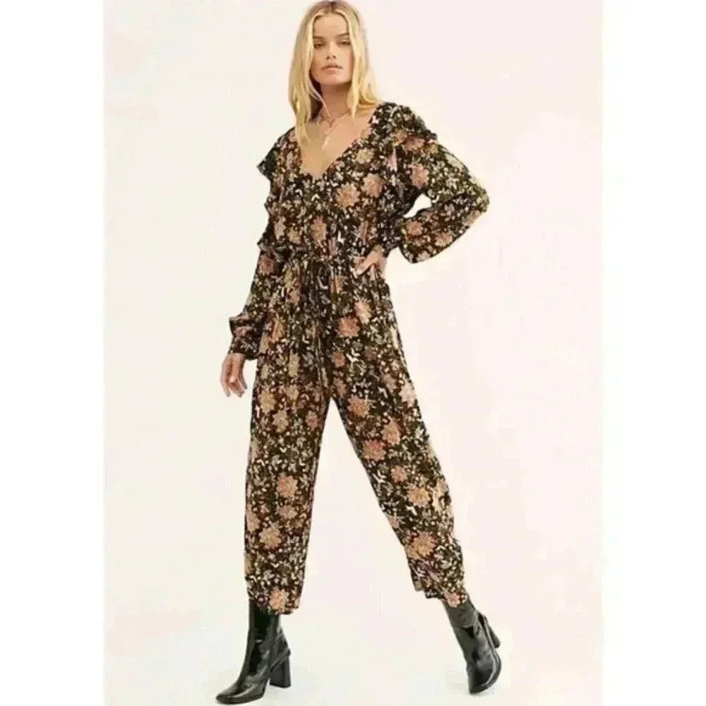 Free People Black Floral Print Lux Jumpsuit